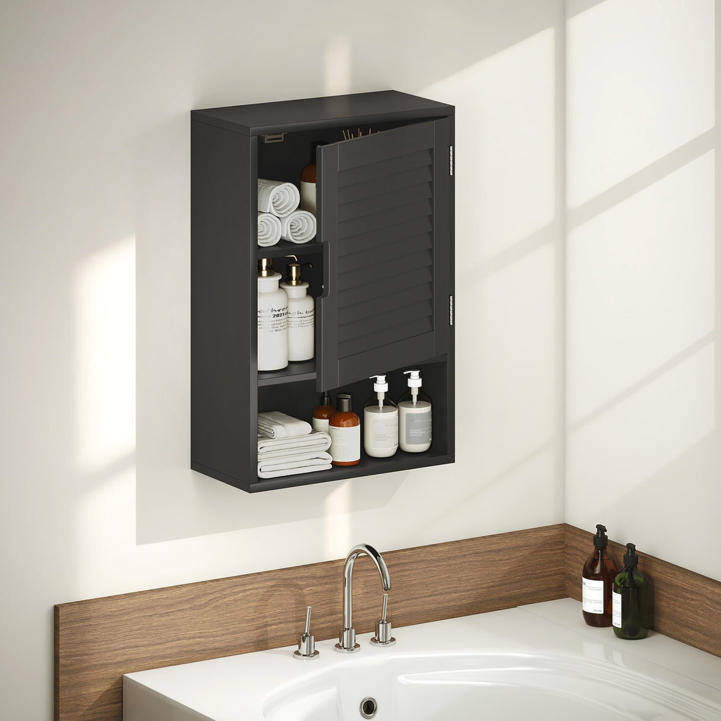 HOMCOM Wall Mounted Bathroom Cabinet With Adjustable Shelves Black 40 x 20 x 60 cm Space Saving Storage