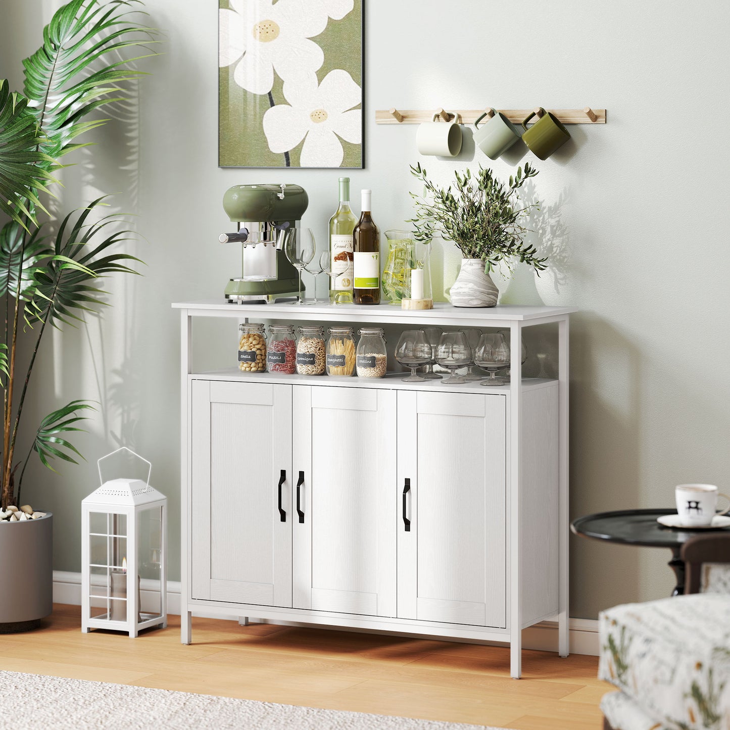 HOMCOM Industrial Kitchen Sideboard With Open Shelf And Two Cabinets, Adjustable Shelves Living Room Dining Room White