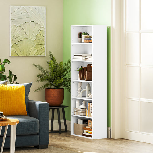 HOMCOM Six Shelf Bookcase White With Four Adjustable Shelves Melamine Finish For Living Room Storage