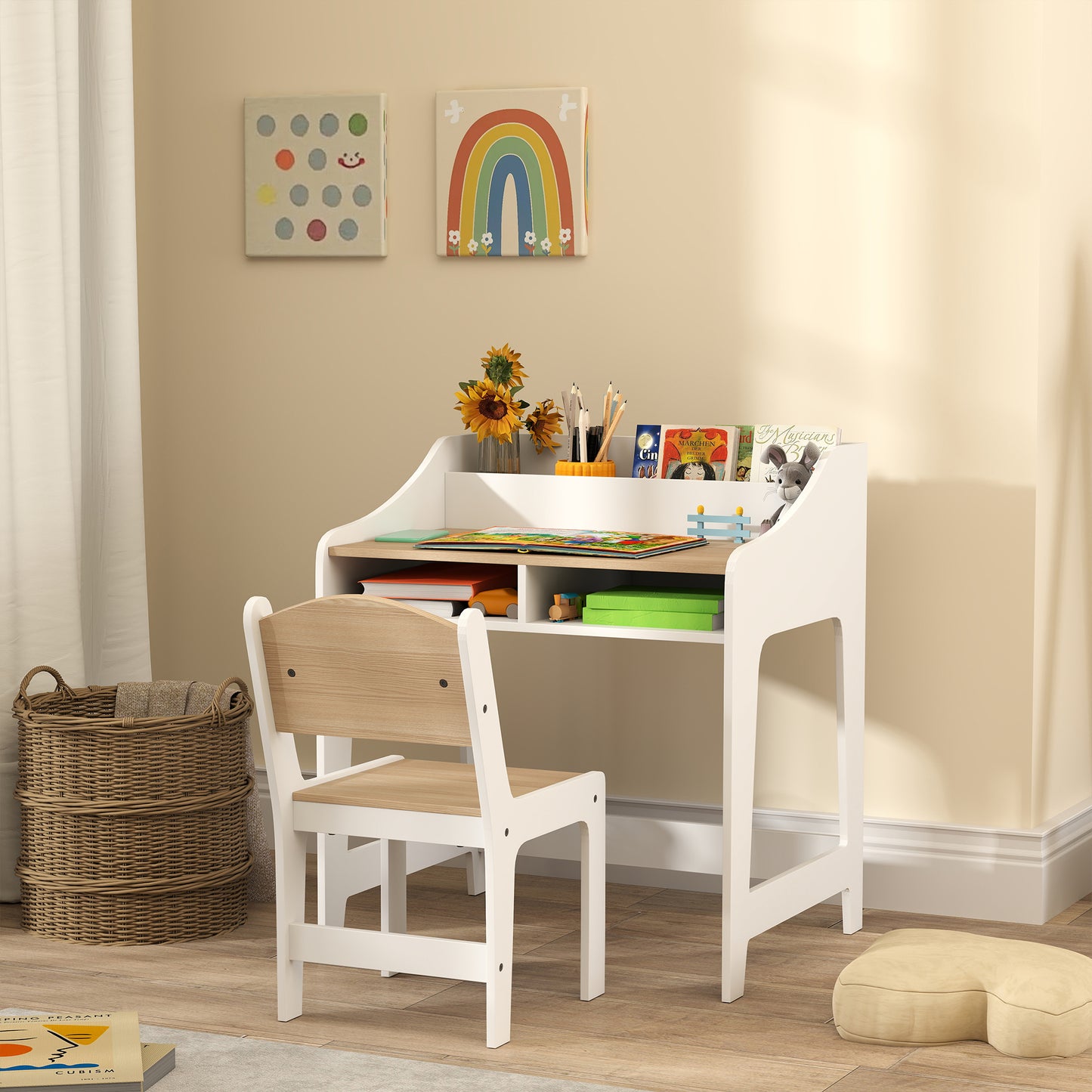 AIYAPLAY Kids Desk And Chair Set With Storage Shelves For Study Room Ideal Gift For Three To Eight Years Natural