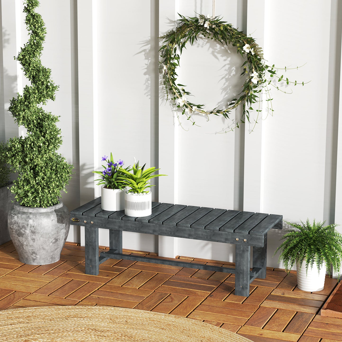 Outsunny 2 Seater Garden Wooden Bench Grey Fir Wood Slatted Seat With Footrest For Patio Use