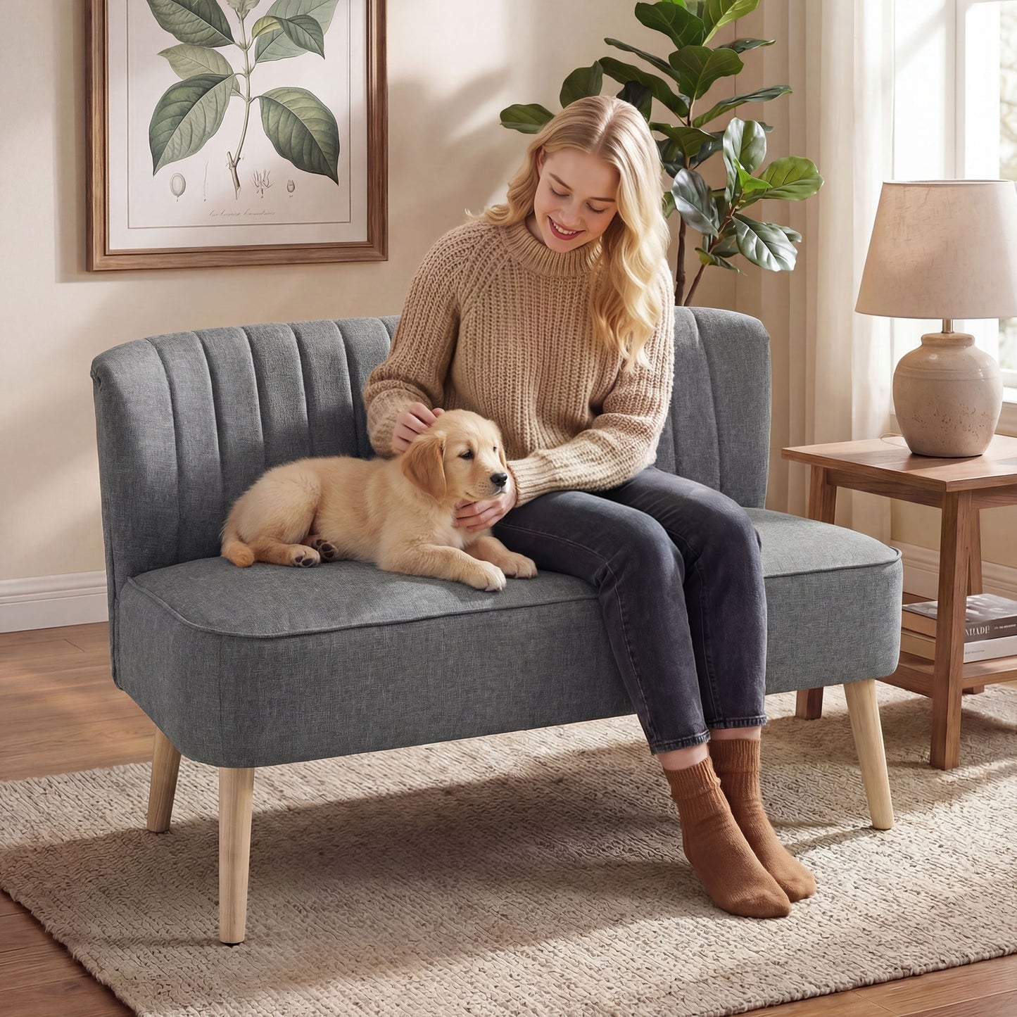 HOMCOM 46 Inch Loveseat Sofa Upholstered 2 Seater With Thick Padded Seat And Rubber Wood Legs Grey