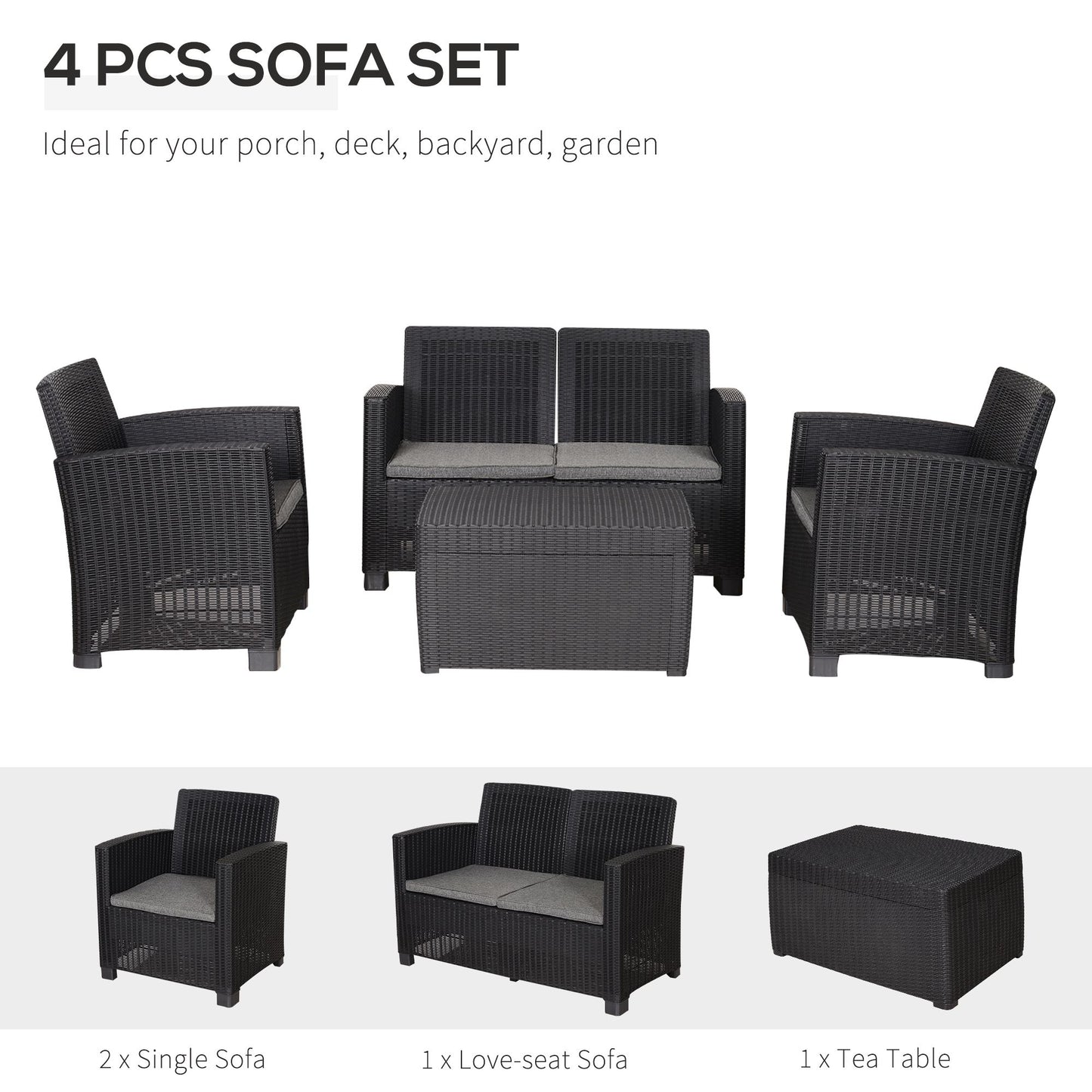 Outsunny Black Rattan-Style Outdoor Sofa Set for 4 - Includes 2 Chairs, 1 Bench, and Coffee Table with Cushions - ALL4U RETAILER LTD