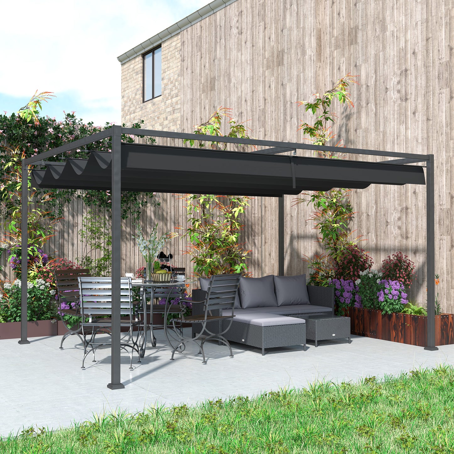Outsunny 4m by 3m Metal Pergola Retractable Canopy Roof Black Garden Patio Shade