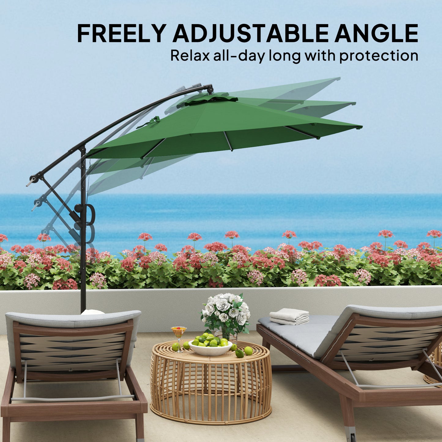 Outsunny 3m Cantilever Parasol With Cover And Wind Straps Banana Patio Umbrella Crank Tilt UPF50Plus Green