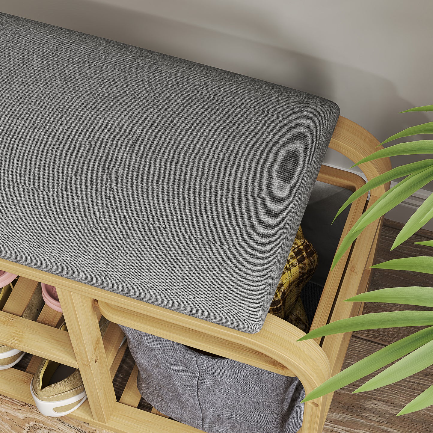 HOMCOM Bamboo Shoe Storage Bench With Cushioned Seat And Linen Fabric Upholstery Nature Wood Finish