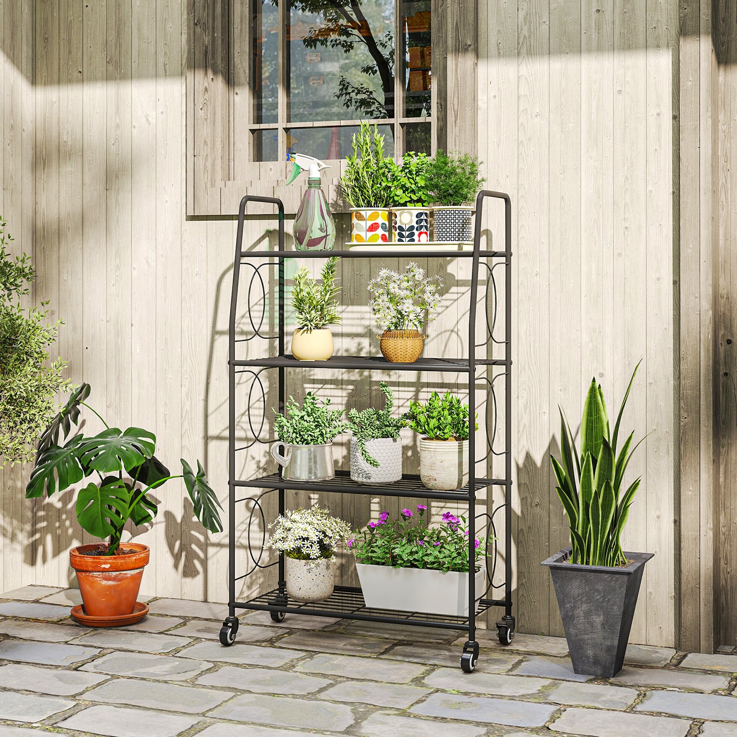 Outsunny 4-Tier Metal Plant Stand With Lockable Wheels Heavy Duty Ladder Shelf For Potted Plants