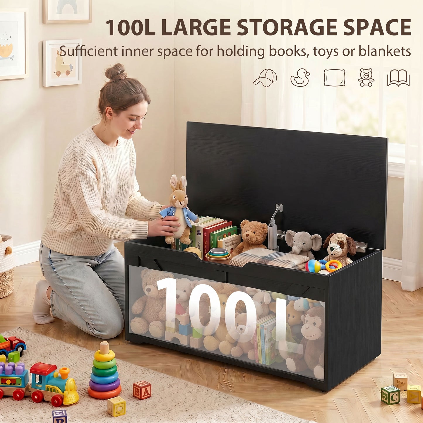 HOMCOM 100L Storage Box Bench With Safety Hinge Black Wood Effect Chest For Living Room