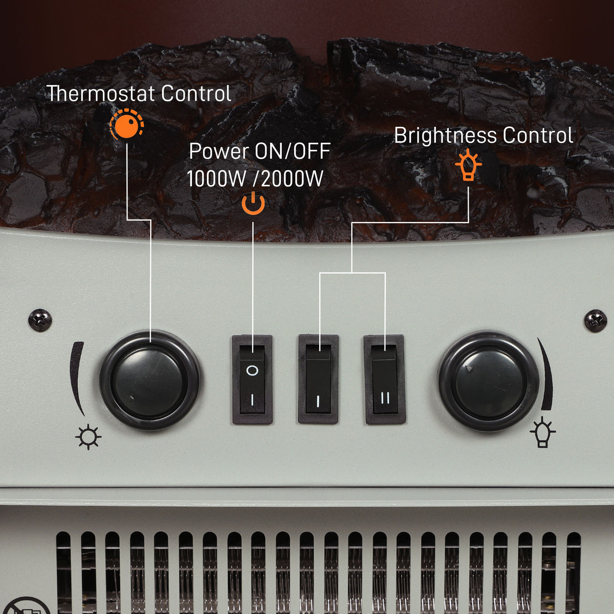 Grey electric fireplace control panel with two round knobs and multiple switch buttons