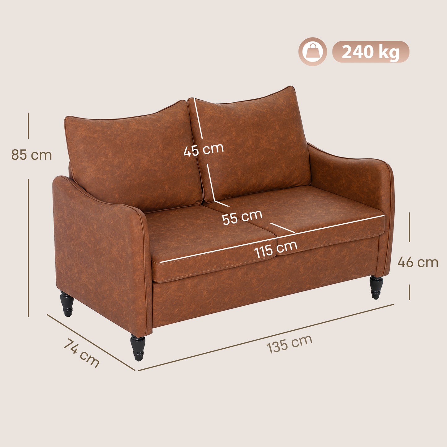 HOMCOM Faux Leather Marble Effect Two Seater Sofa Brown For Living Room Modern Comfort