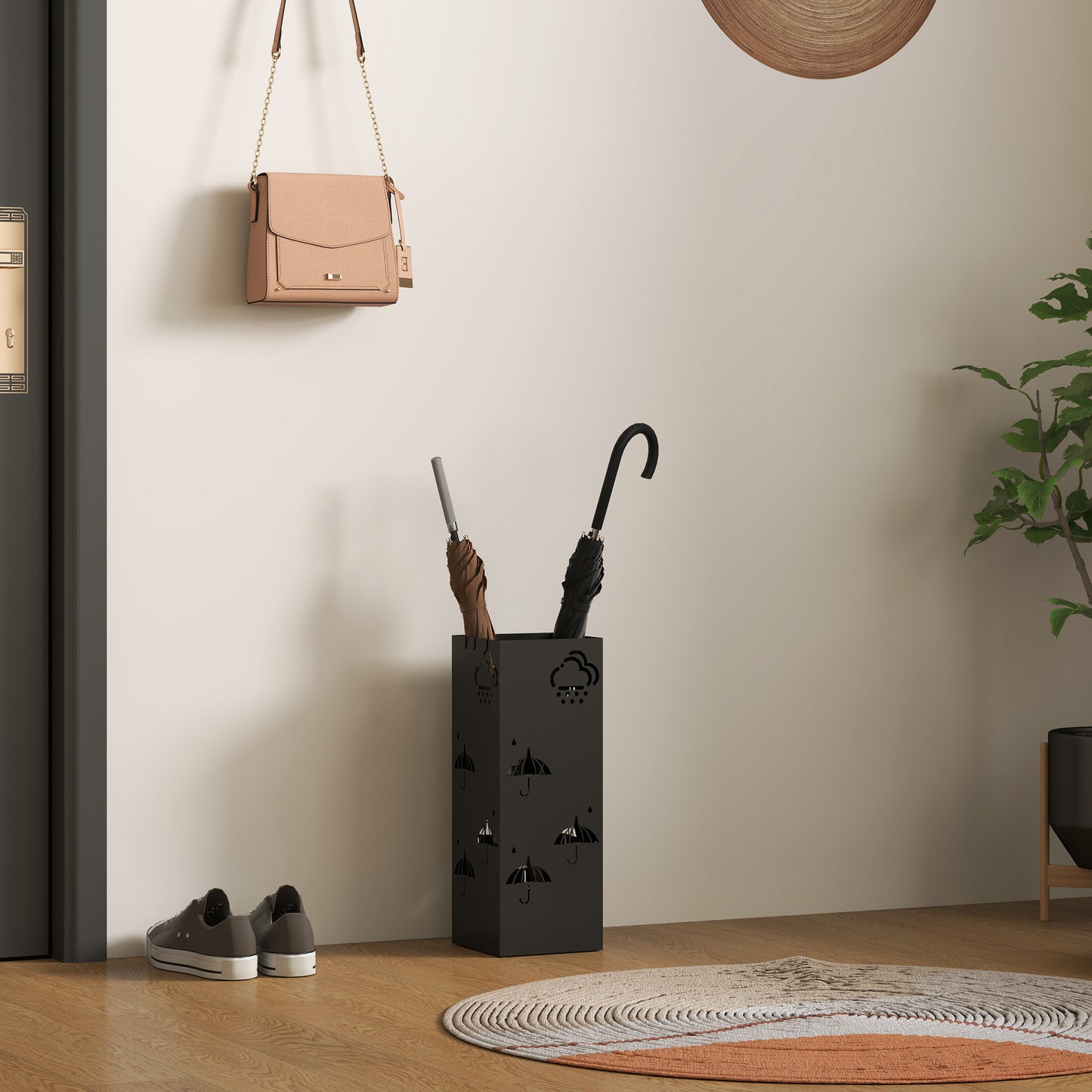 HOMCOM Metal Umbrella Stand Square Holder With Removable Drip Tray And Four Hooks For Hallway And Entryway Black