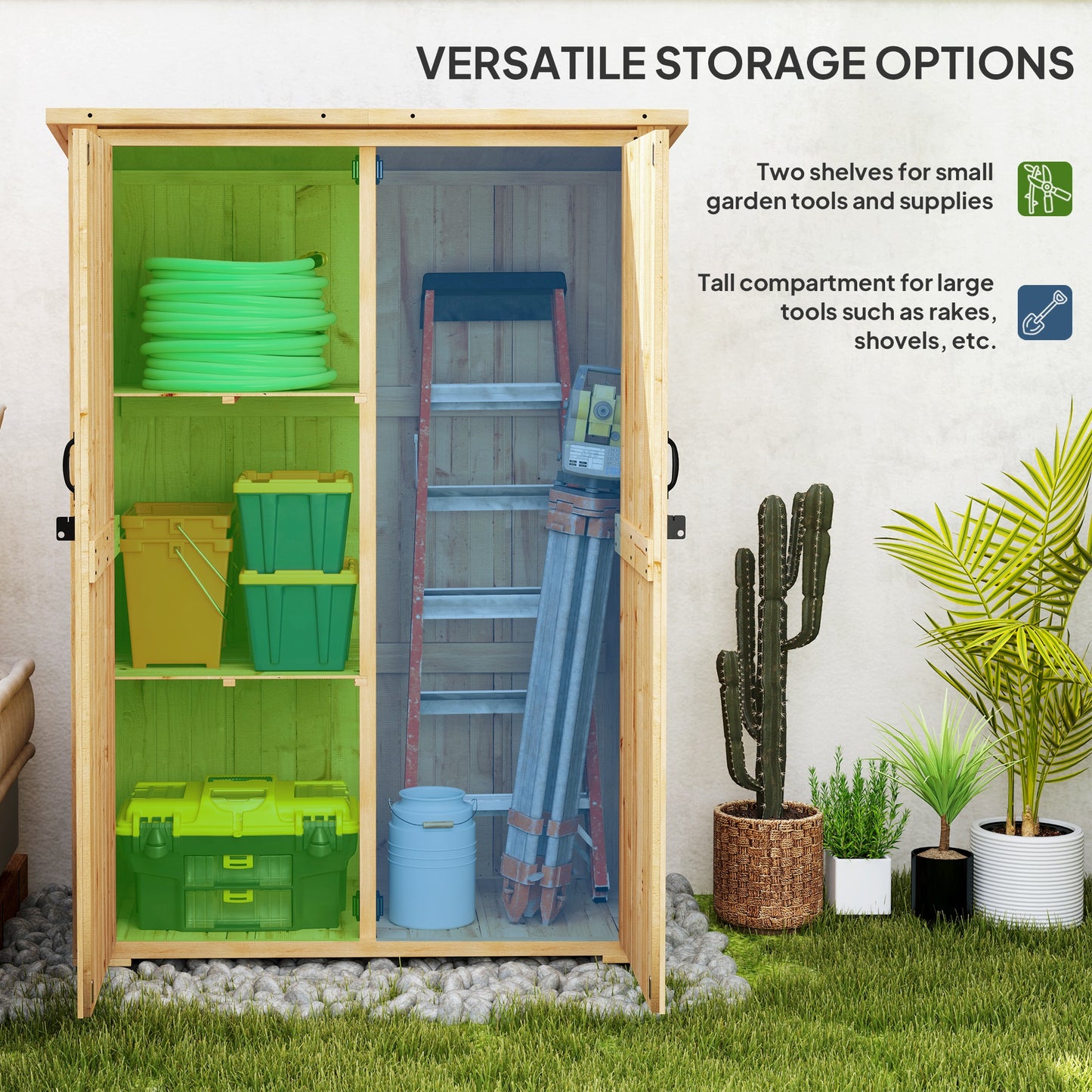 Outsunny Wooden Garden Storage Shed With Asphalt Roof Double Doors And Two Shelves For Garden Tools Equipment Natural