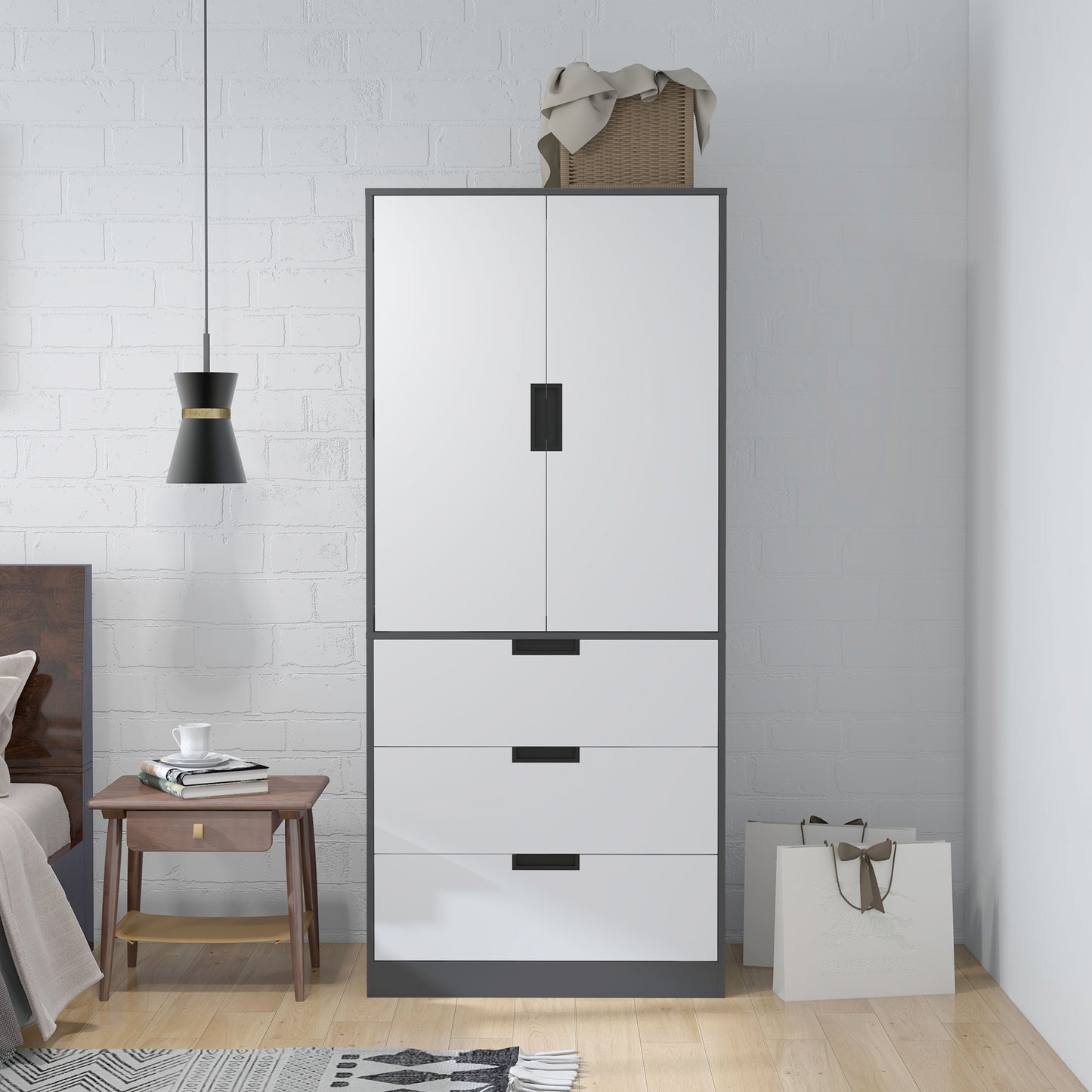 HOMCOM Modern Clothes Storage Cupboard Unit With Hanging Rod 2 Doors And 3 Drawers Grey Wardrobe