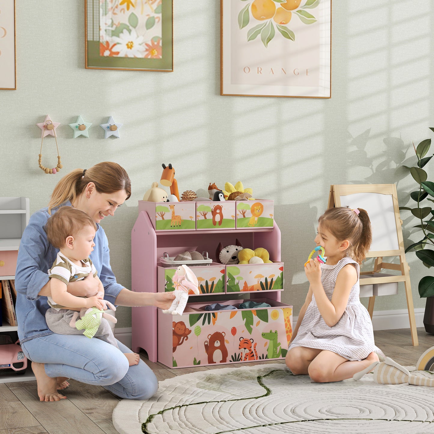 AIYAPLAY 3 Tier Kids Toy Storage Unit With 6 Removable Boxes Pink For Playroom Bedroom Nursery