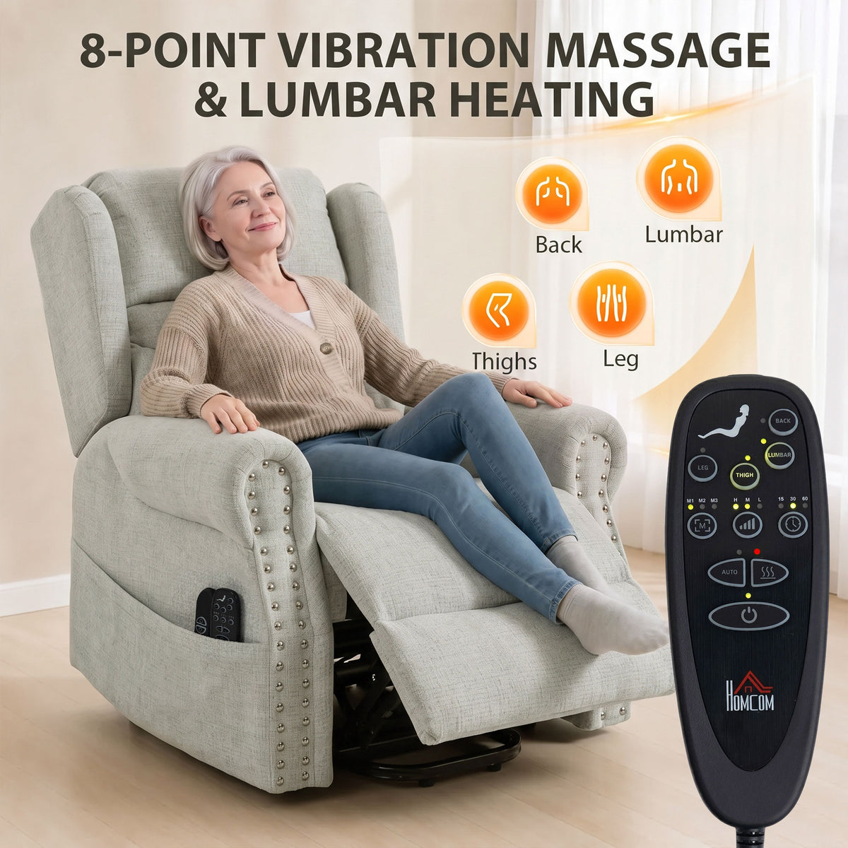 HOMCOM Chenille Power Lift Recliner Chair With Massage And Heat Light Grey