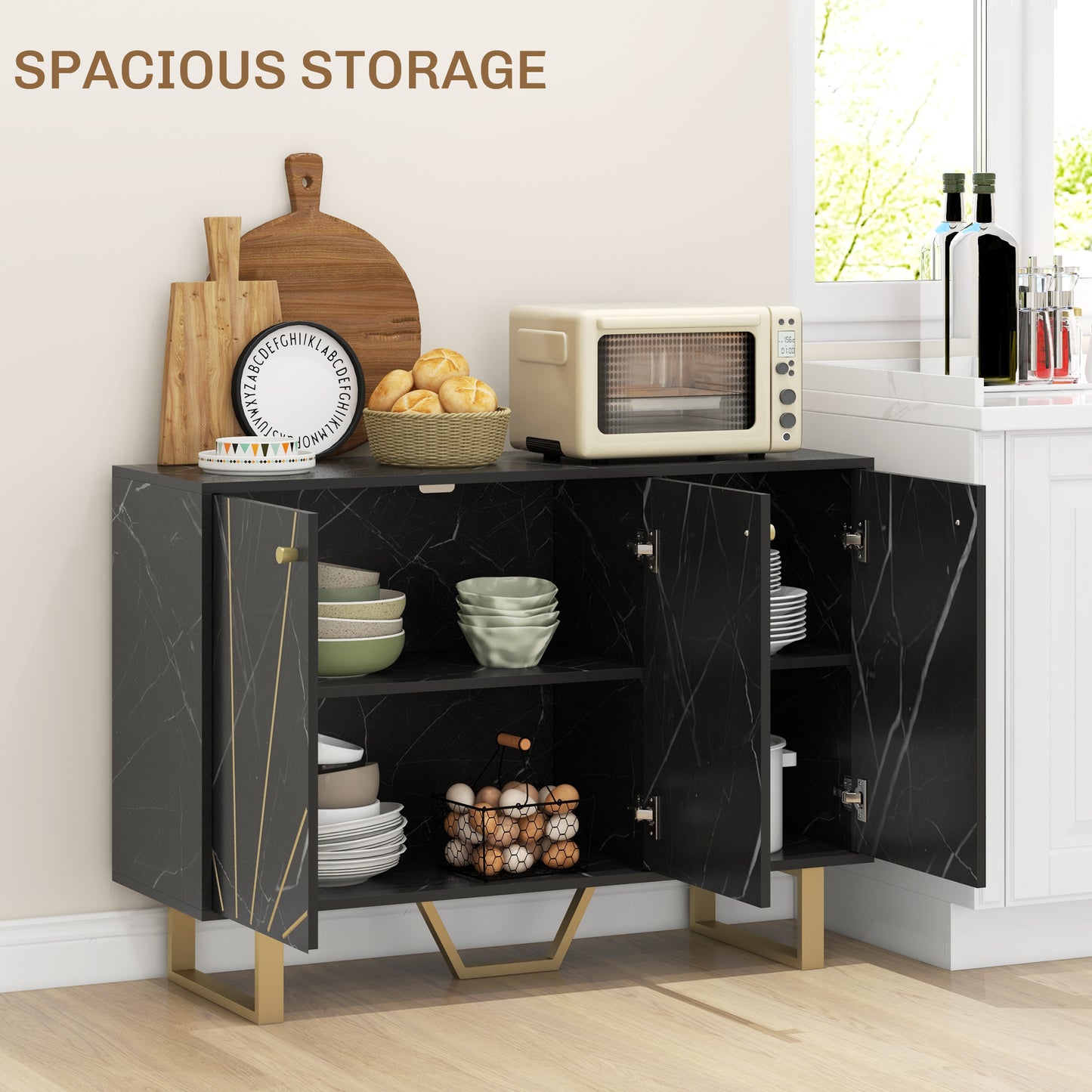 HOMCOM Sideboard Storage Cabinet Modern with Adjustable Shelves and Metal Legs Black Marble Tone for Living Room