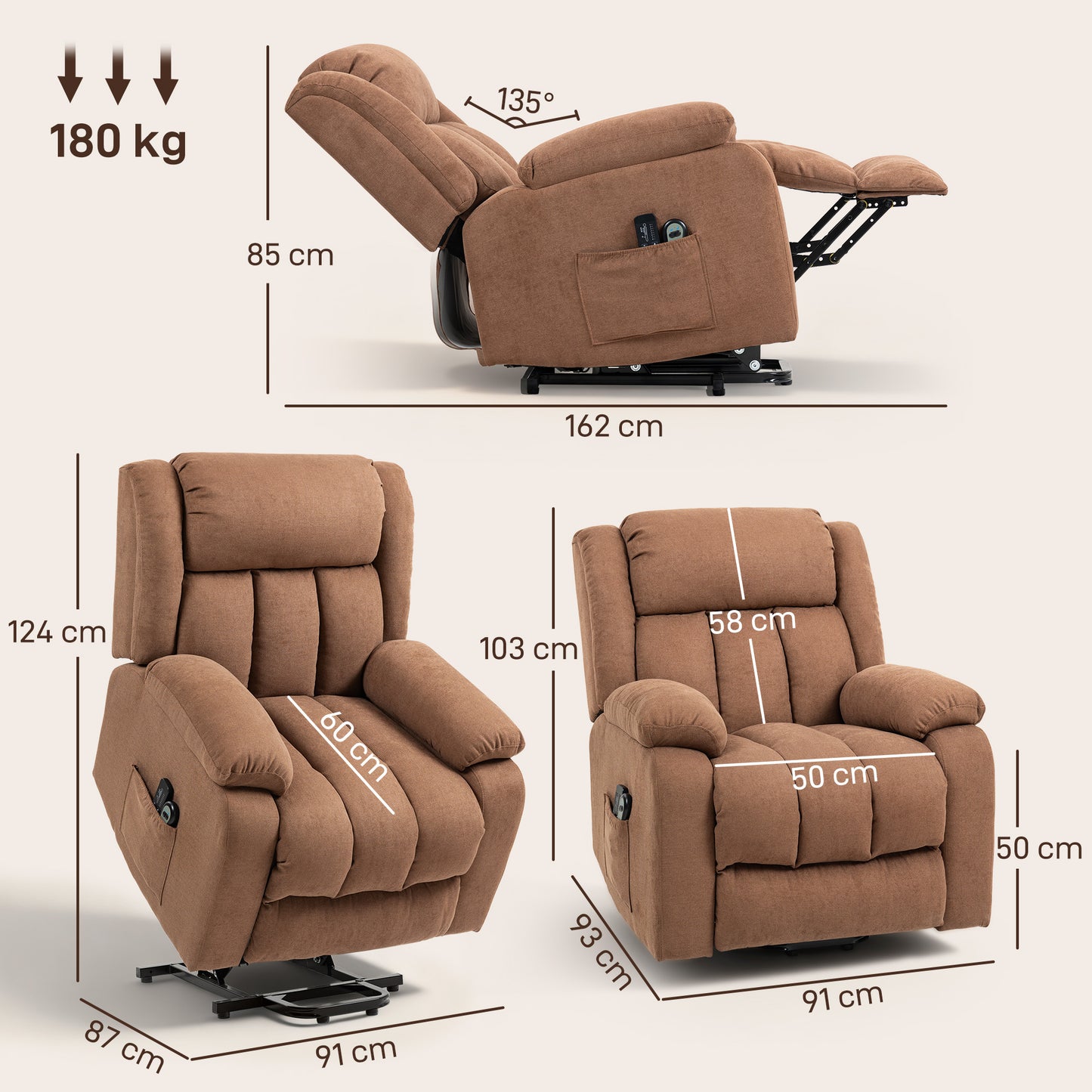HOMCOM Power Lift Recliner Chair With Massage And Side Pocket For Elderly With Footrest Remote Brown