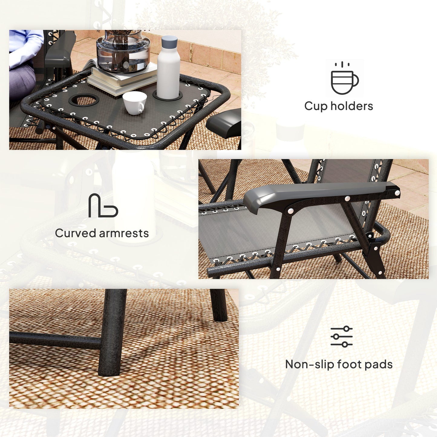 Outsunny Black Three Piece Garden Table And Chair Set With Powder Coated Steel Frame And Texteline Fabric
