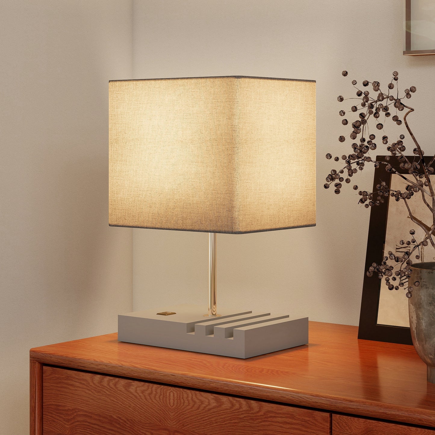 HOMCOM Bedside Lamp With USB A And USB C Ports Three Phone Stands E27 Socket Solid Wood Base Fabric Shade Grey