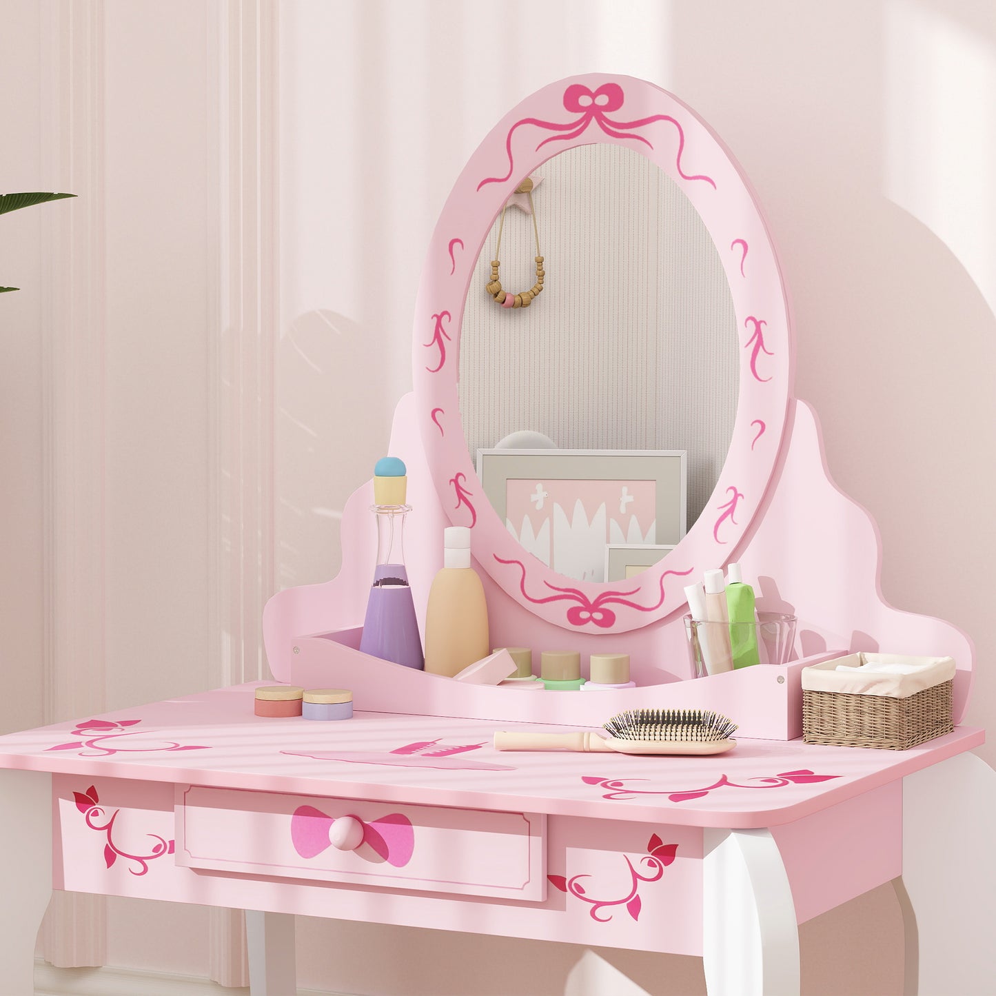 AIYAPLAY Kids Dressing Table Set, Vanity Table With Stool, Mirror, Drawer, Storage, Ballet Theme Pink