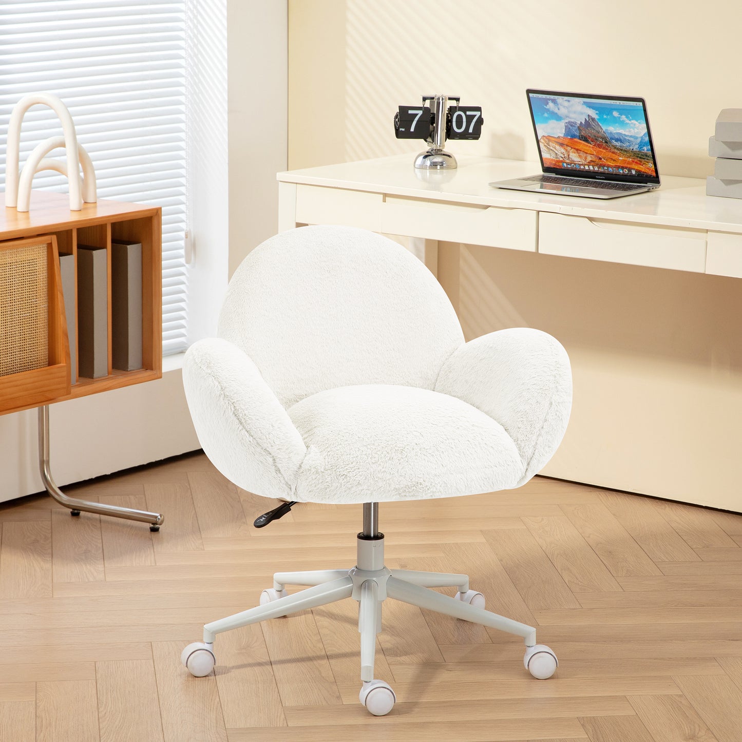 HOMCOM Fluffy Cream White Desk Chair with Rolling Wheels - Makeup Vanity Chair for Home Office and Bedroom - ALL4U RETAILER LTD