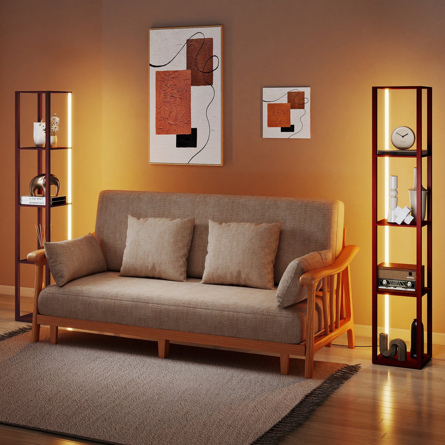 HOMCOM RGB LED Floor Lamp with Shelves Dimmable Standing Lamp Remote Control for Living Room Bedroom Office Brown