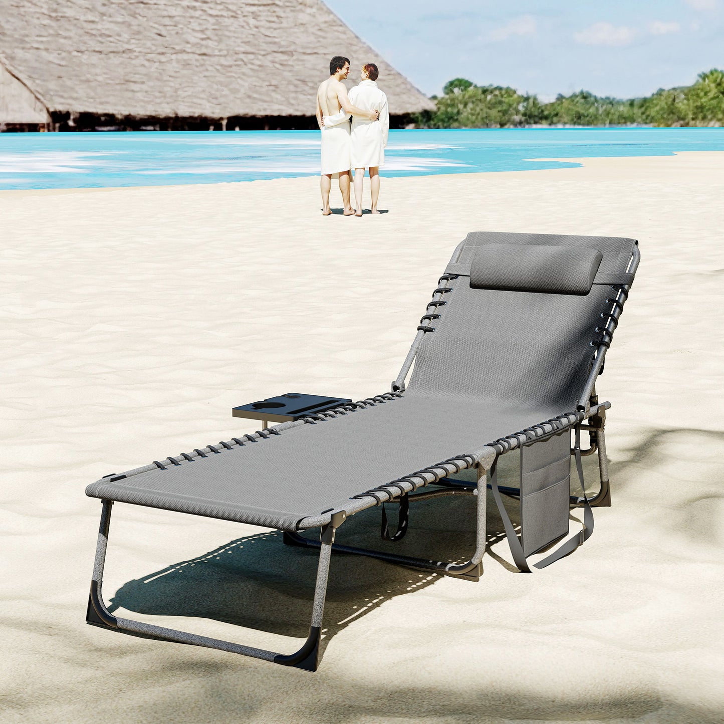 Outsunny Five Position Reclining Sun Lounger Grey With Removable Pillow Durable Steel Frame Outdoor Patio