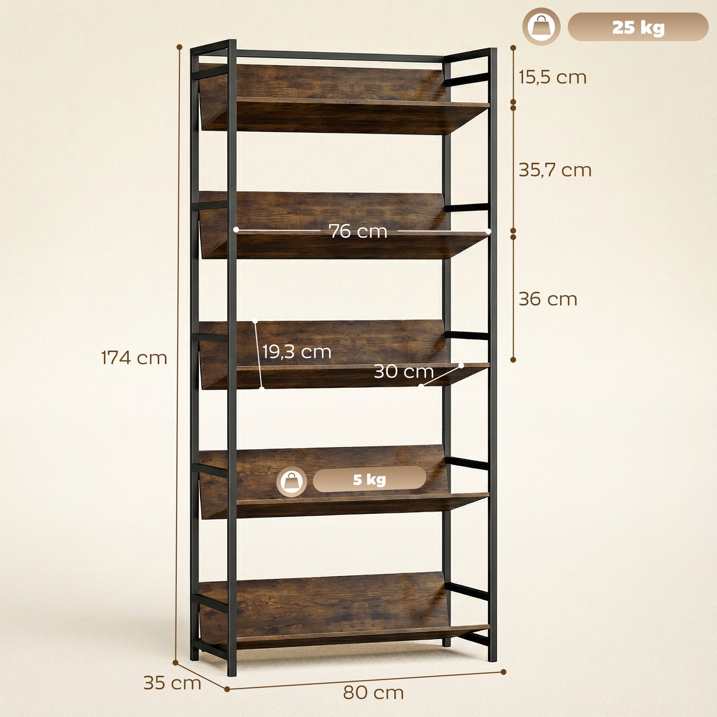 HOMCOM 5 Tier Metal Frame Bookshelf Room Divider With Storage Shelves Rustic Brown For Living Room