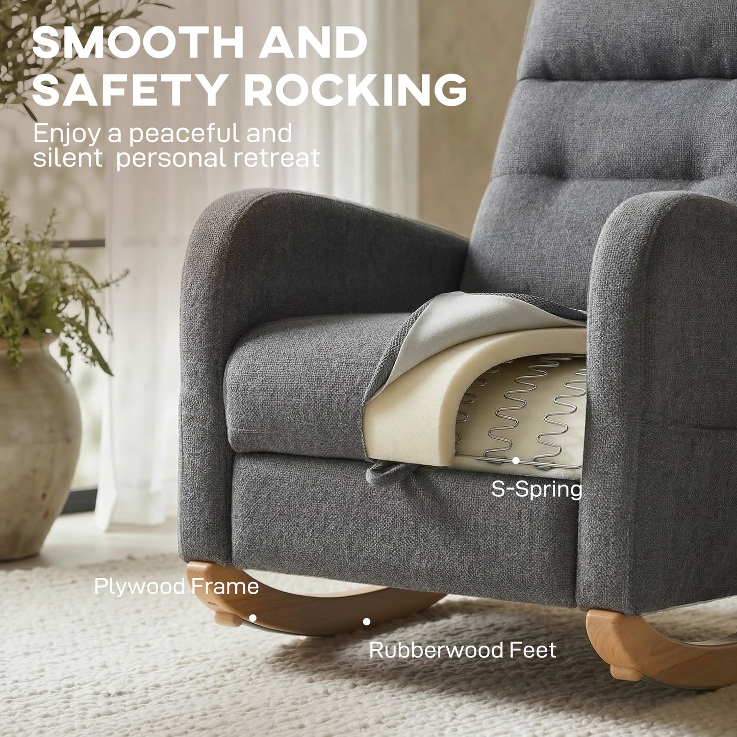 HOMCOM Upholstered Rocking Chair With Retractable Footrest High Back For Living Room Grey