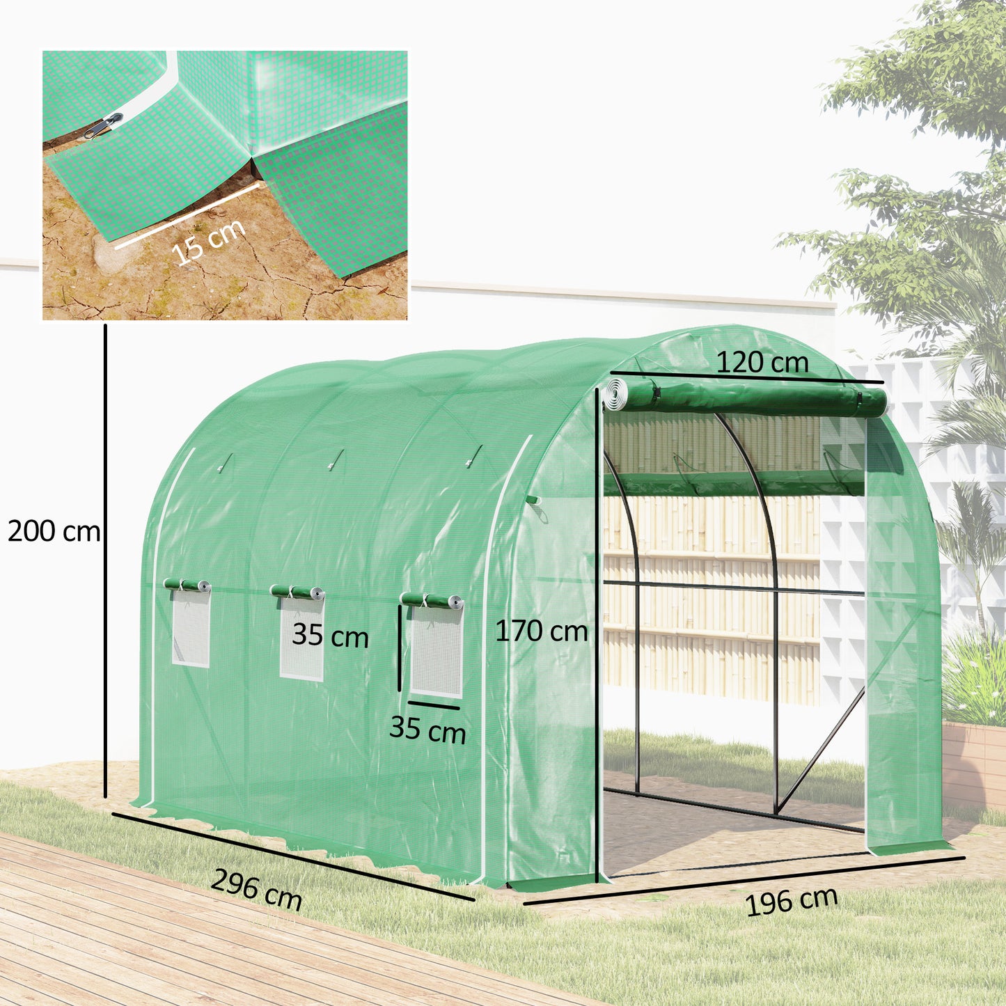 Outsunny 296 x 196cm Steel Frame Polytunnel Greenhouse for Outdoor Gardening and Shelving Green