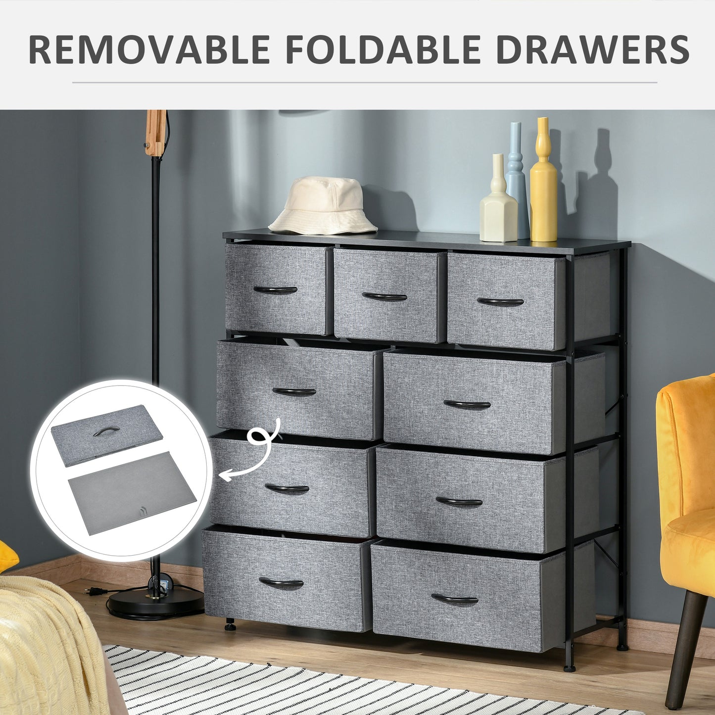 HOMCOM 9-Drawer Fabric Storage Chest with Easy-Pull Bins for Bedroom and Entryway - Black & Grey - ALL4U RETAILER LTD