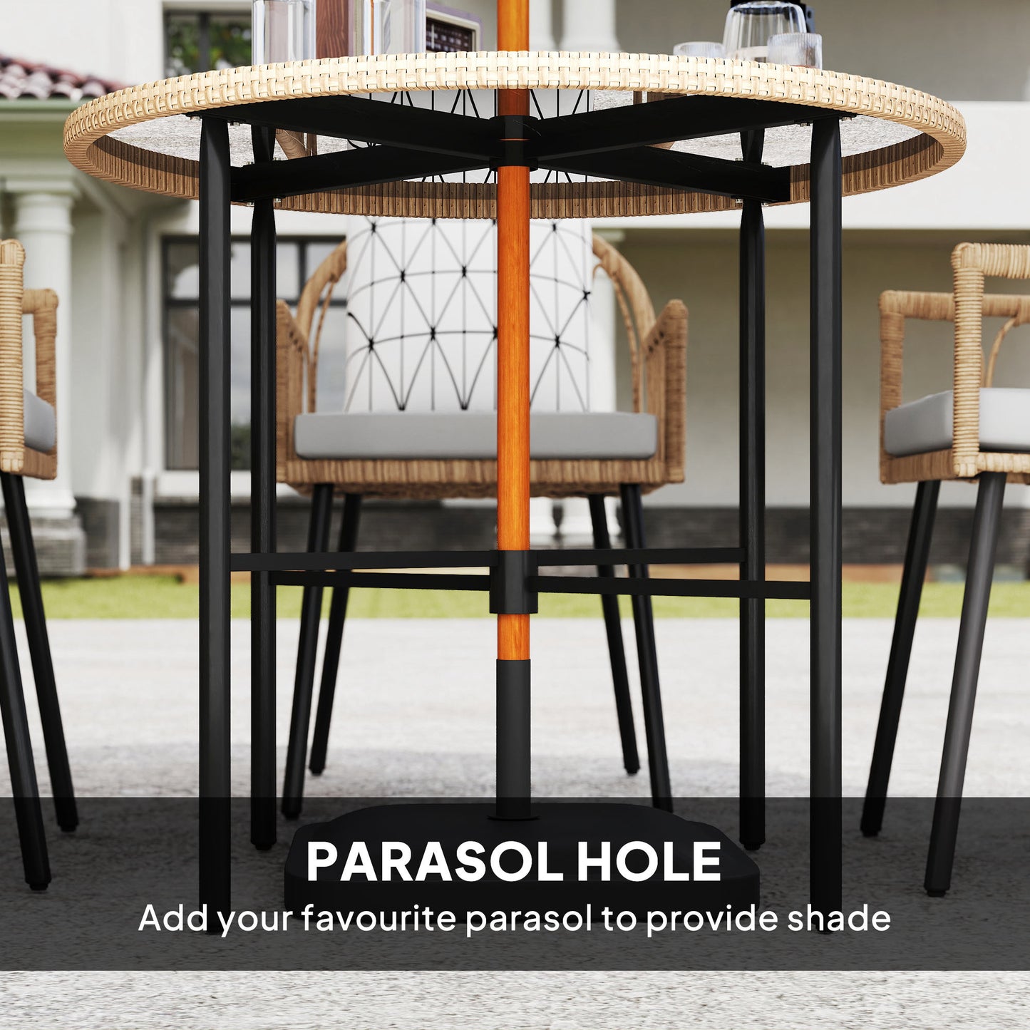Outsunny 5 Piece Patio Rattan Dining Set With Removable Cushions Round Tempered Glass Tabletop Parasol Hole Light Brown