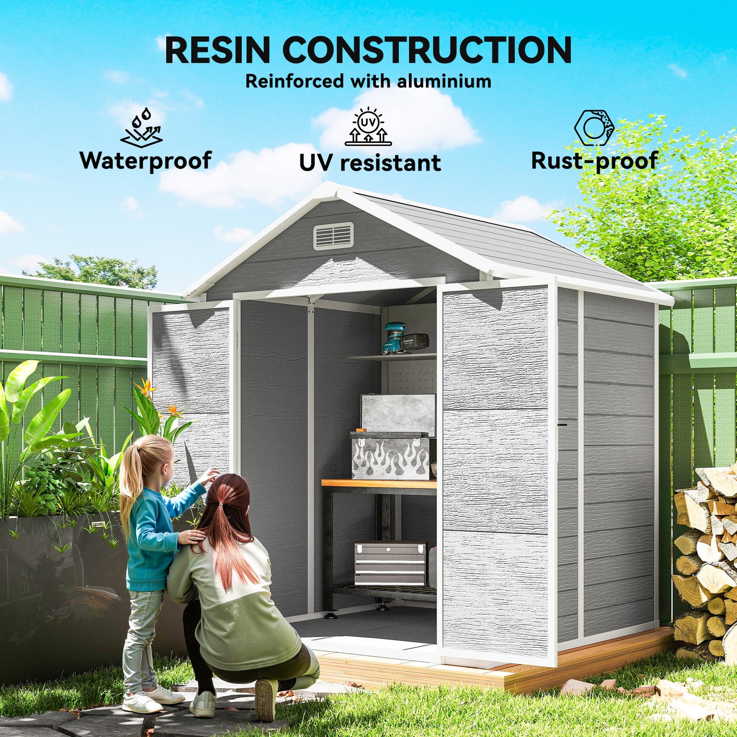 Outsunny 6x5ft Plastic Garden Shed With Floor Window Lockable Doors Vents Wood Effect Resin Dark Grey