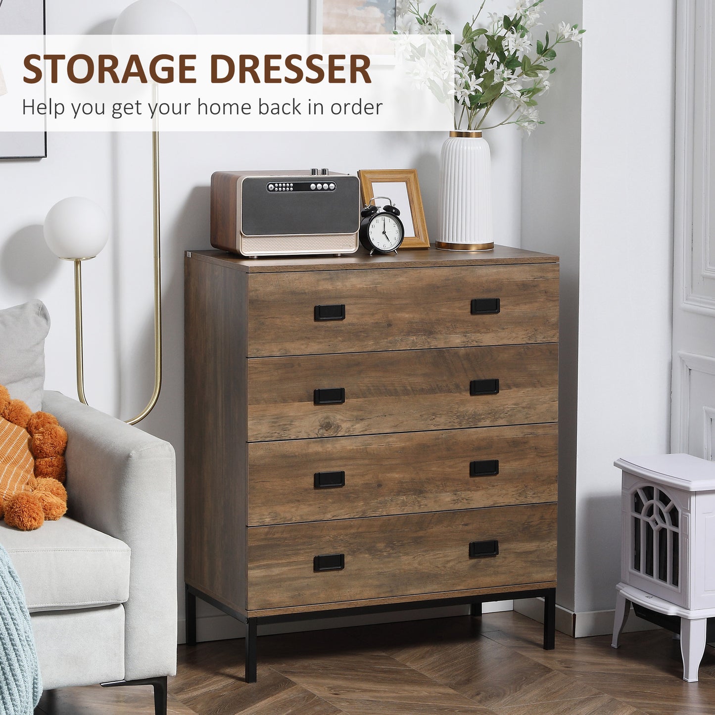 HOMCOM Rustic Wood Effect Chest Of Drawers And Nightstand Set With Four Drawers And Two Drawers Black Metal Frame