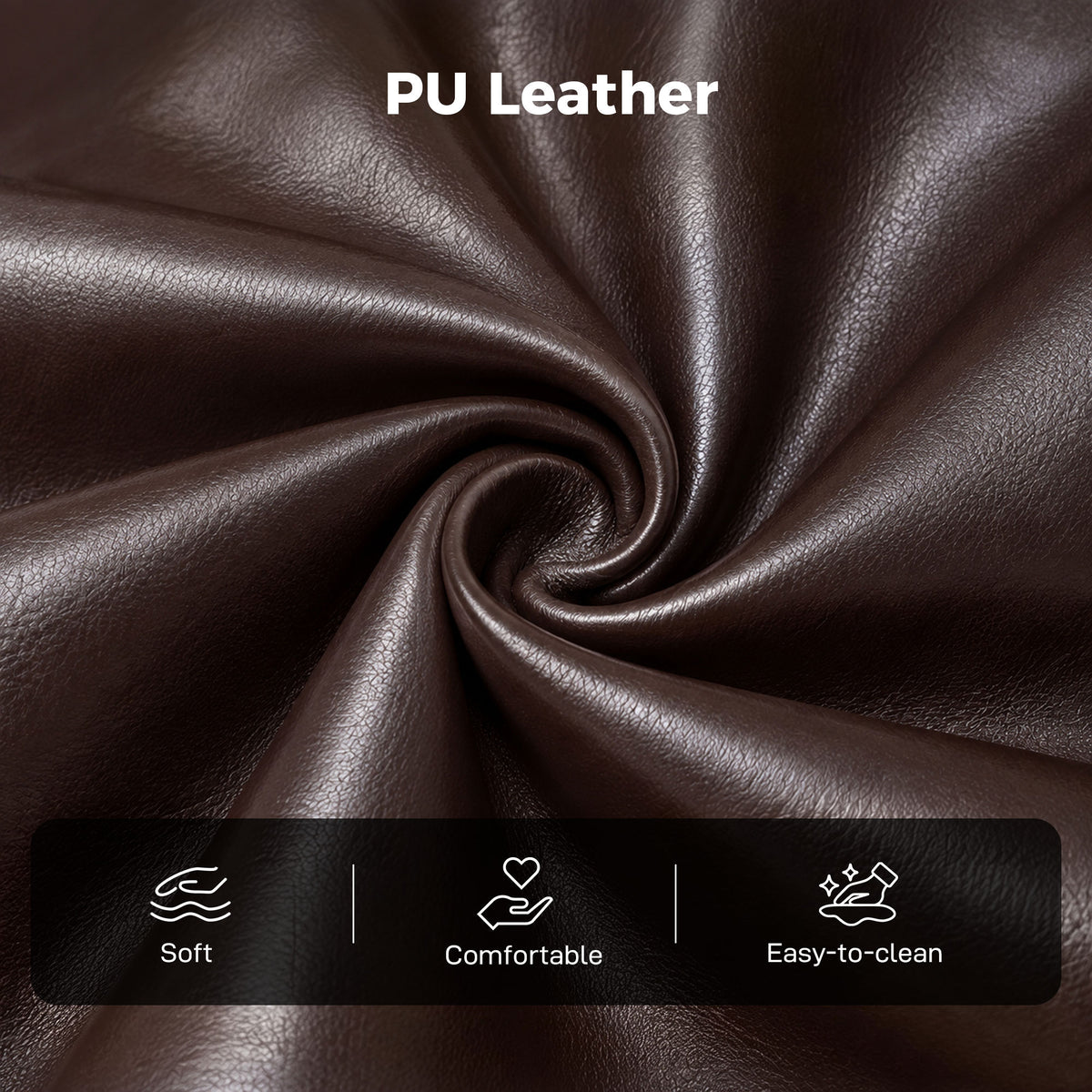Brown PU leather upholstery close-up with smooth grain texture.