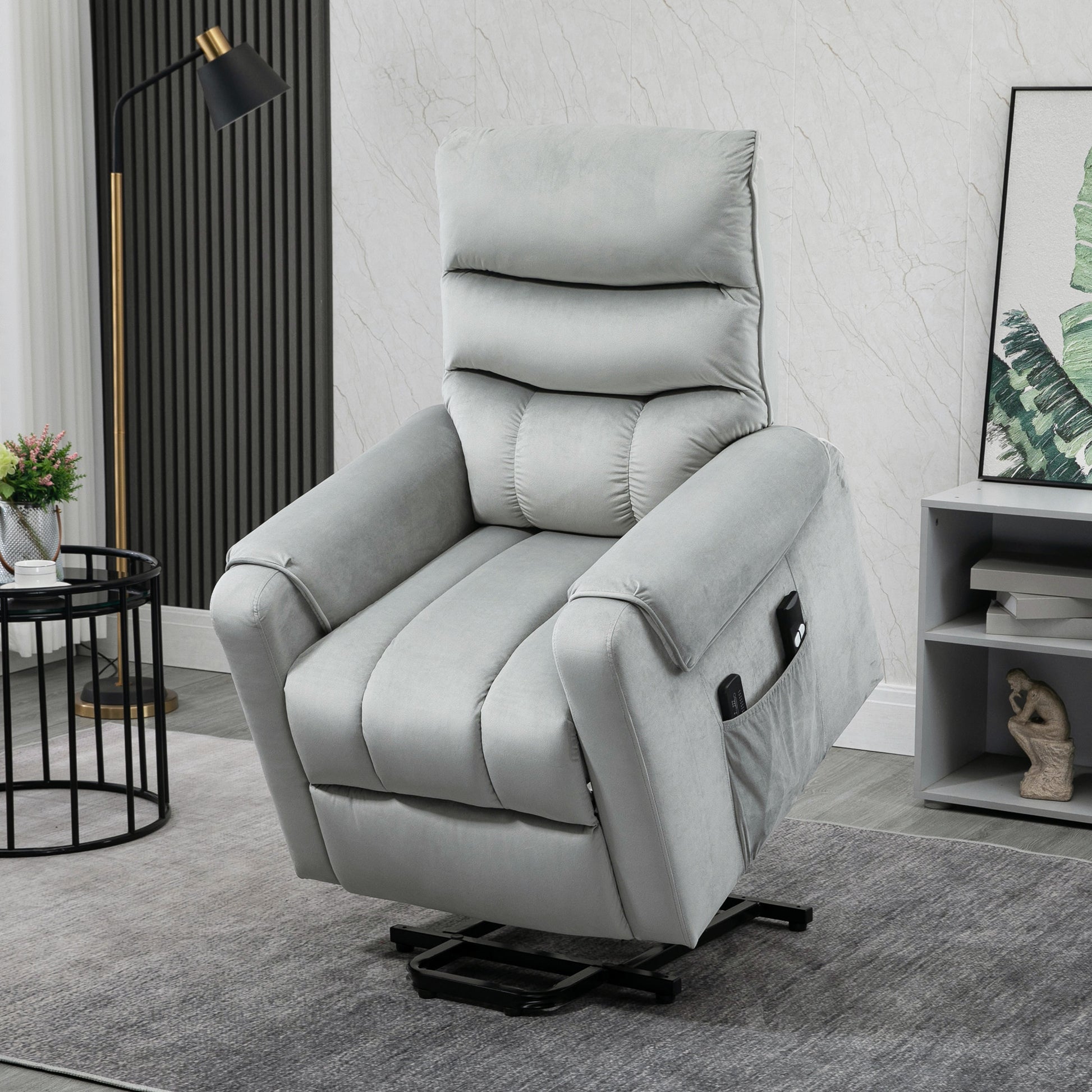 HOMCOM Electric Lift Recliner Chair with Vibration Massage and Remote Control, Grey Velvet Armchair - ALL4U RETAILER LTD