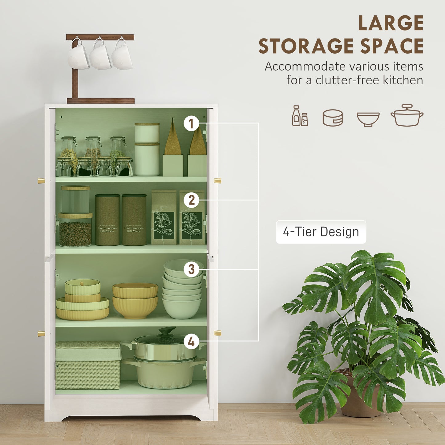 HOMCOM White 4 Door Kitchen Storage Cabinet With Adjustable Shelves Arched Door Panels And Gold Tone Handles