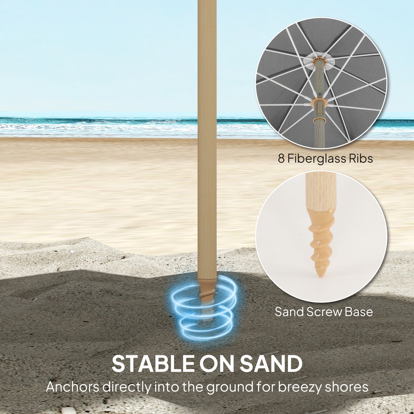 Outsunny 1.7 m Beach Umbrella With Sand Anchor And 30 Degree Tilt Adjustable Height Fringed Parasol Grey