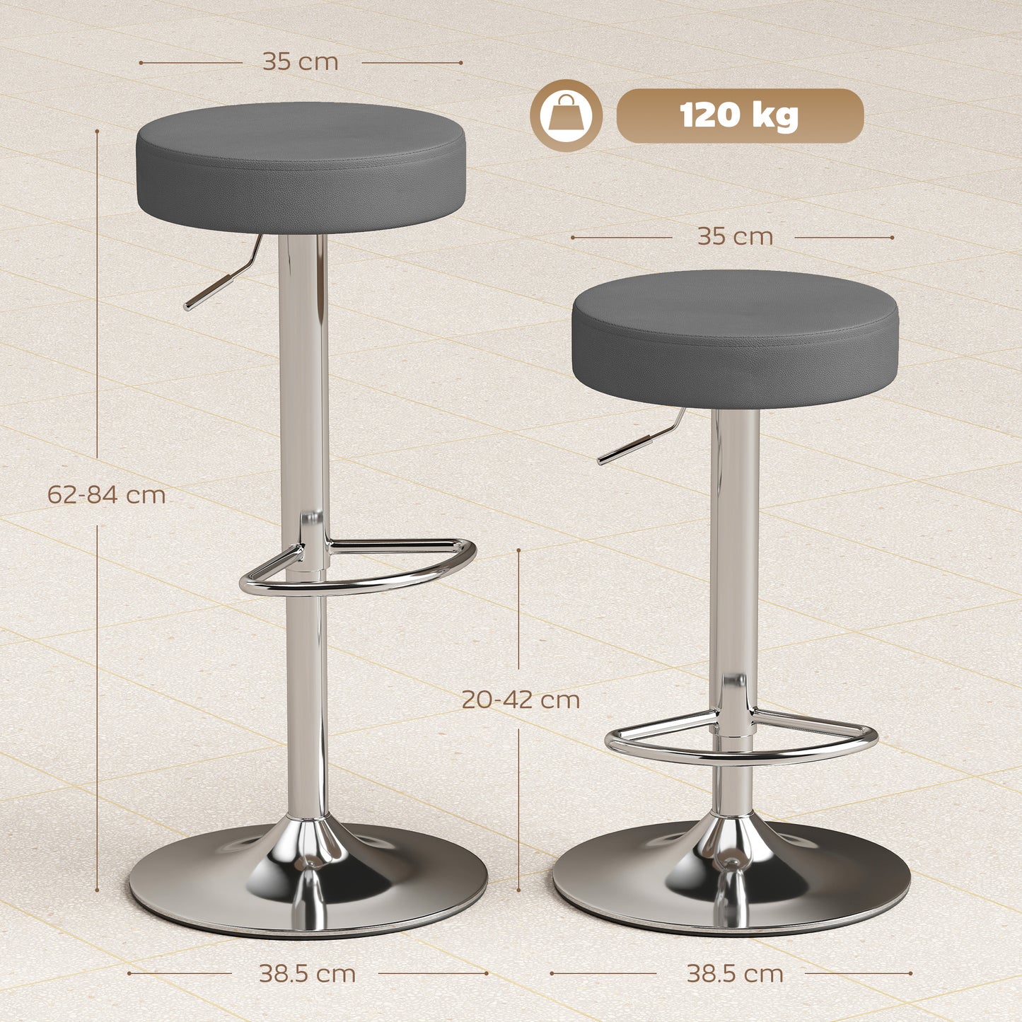 HOMCOM Bar Stools Set Of 2 Modern PU Leather Swivel Height Adjustable Breakfast Bar Chairs With Footrest Grey