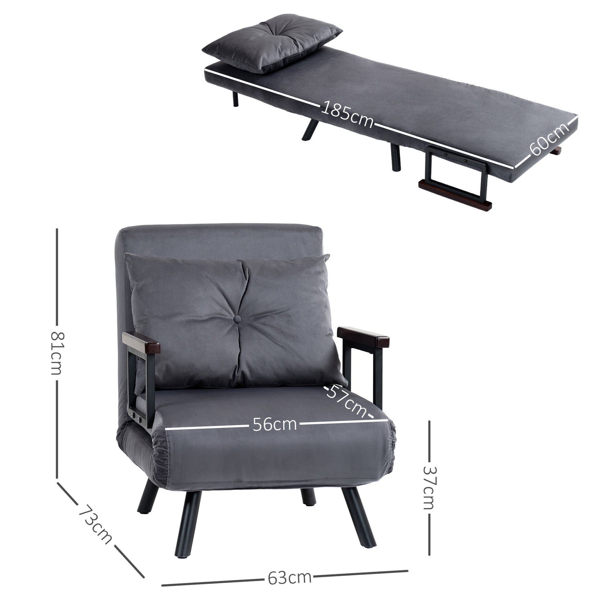 HOMCOM Velvet-Feel Multi-Functional Foldable Armchair Bed with Pillow - Charcoal Grey - ALL4U RETAILER LTD