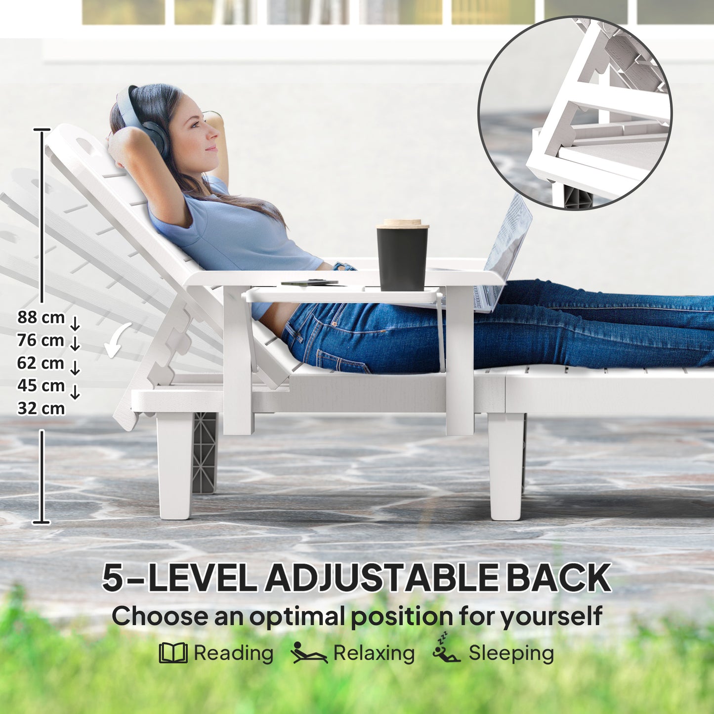 Outsunny Set Of 2 Resin Sun Loungers For Garden With Wood Grain Surface Armrests And Foldable Side Table White