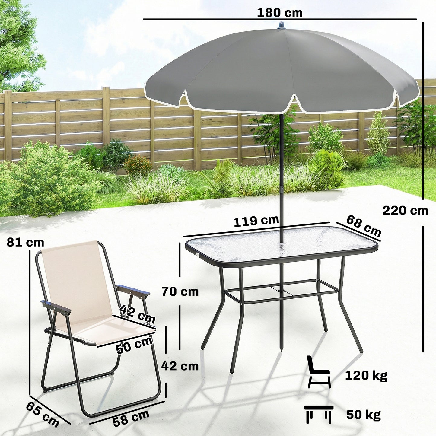 Outsunny 8 Piece Garden Dining Set With Umbrella, 6 Folding Chairs, Tempered Glass Table For Patio Cream