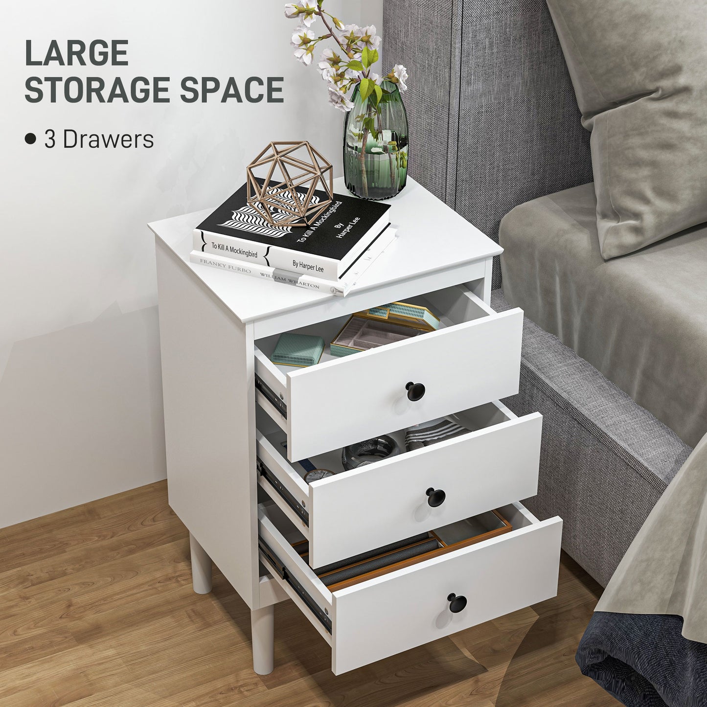 HOMCOM White Set Of Two Three Drawer Bedside Tables With Black Handles For Nightstand Storage