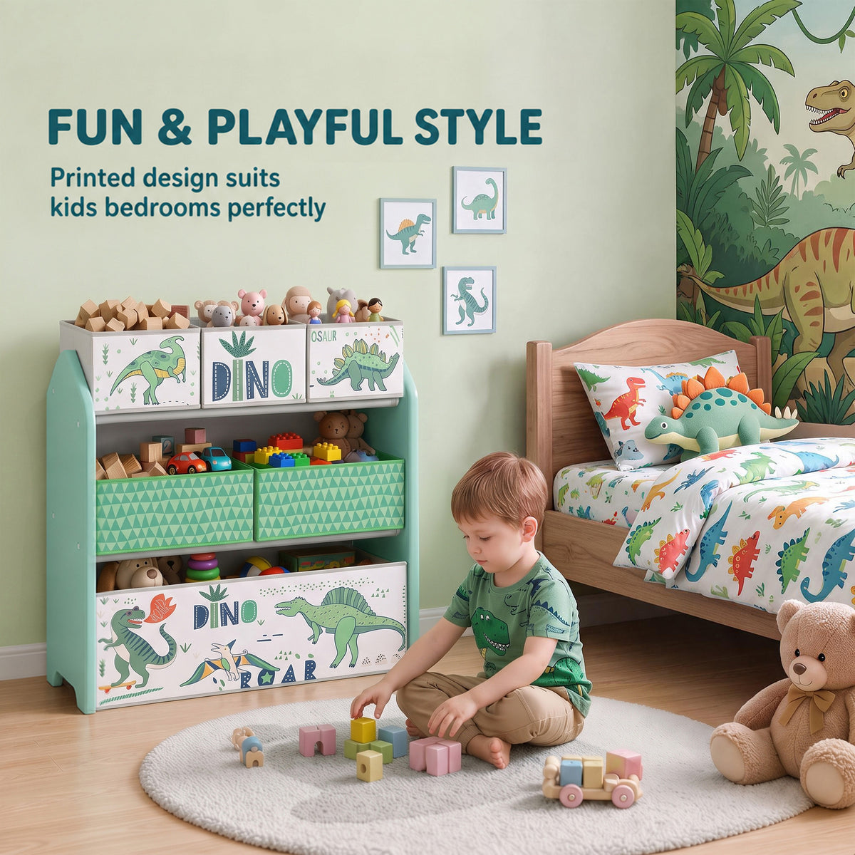 Light green toy storage rack with dinosaur printed drawers and fabric storage bins