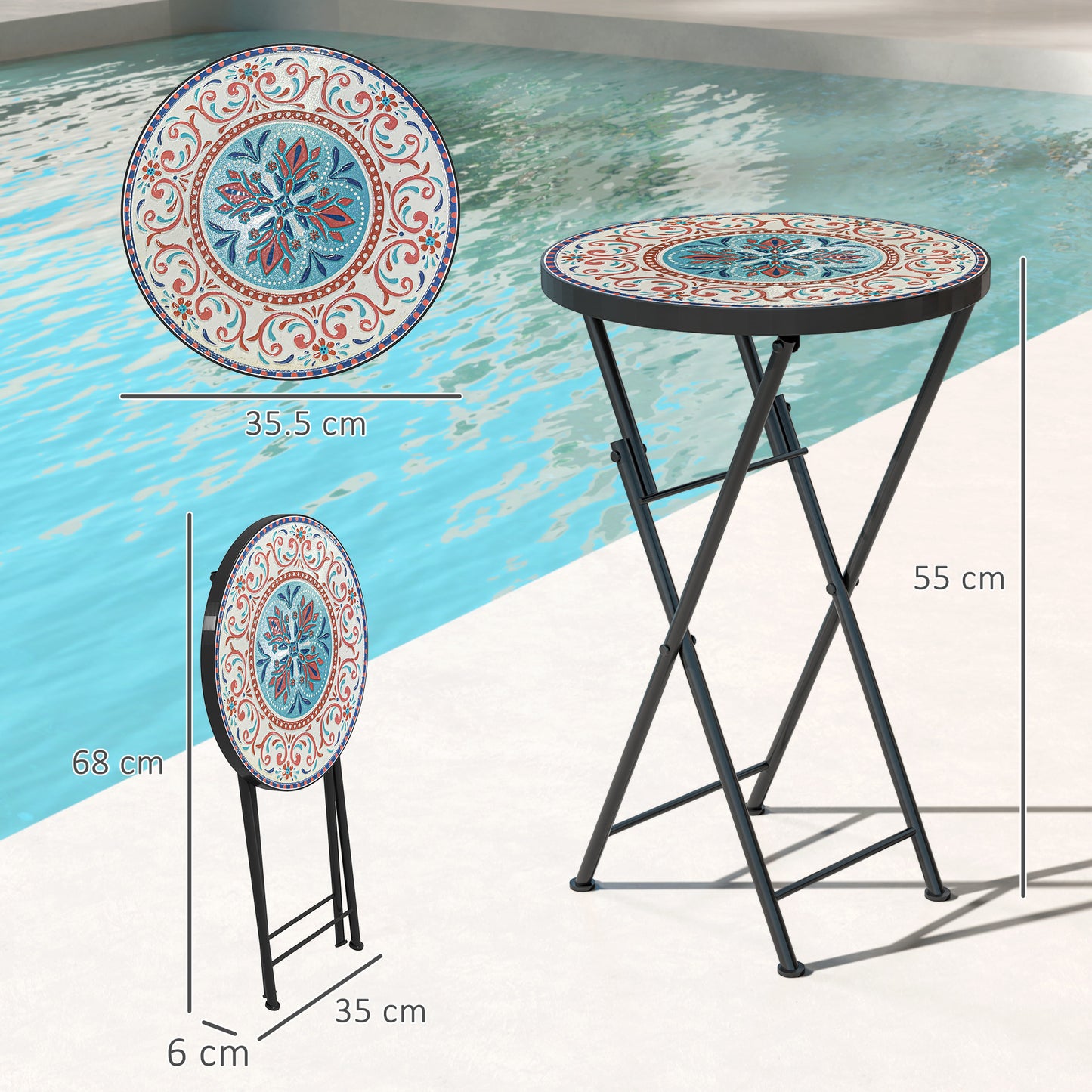 Outsunny Mosaic Outdoor Garden Table 35.5cm Round Folding Coffee Table With Metal Frame For Balcony Terrace Multicolour