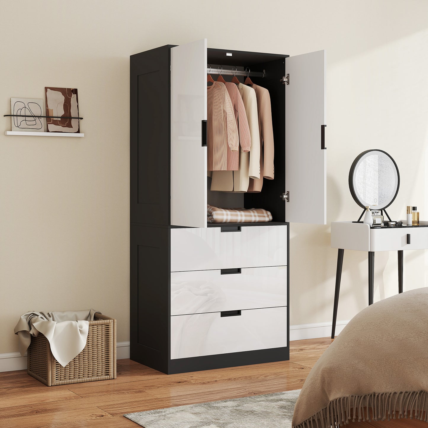 HOMCOM 2 Door Wardrobe with 3 Drawers and Hanging Rod in High Gloss White with Black Accents Modern Bedroom Storage