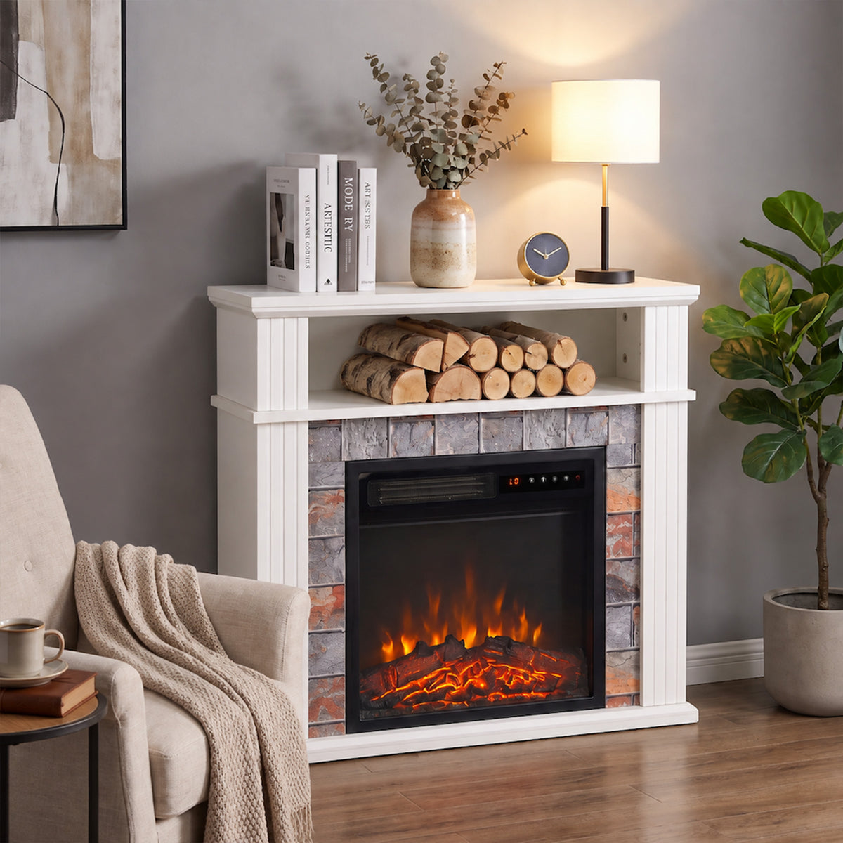 White electric fireplace TV stand with LED flame and log-style ember bed, plus shelves.