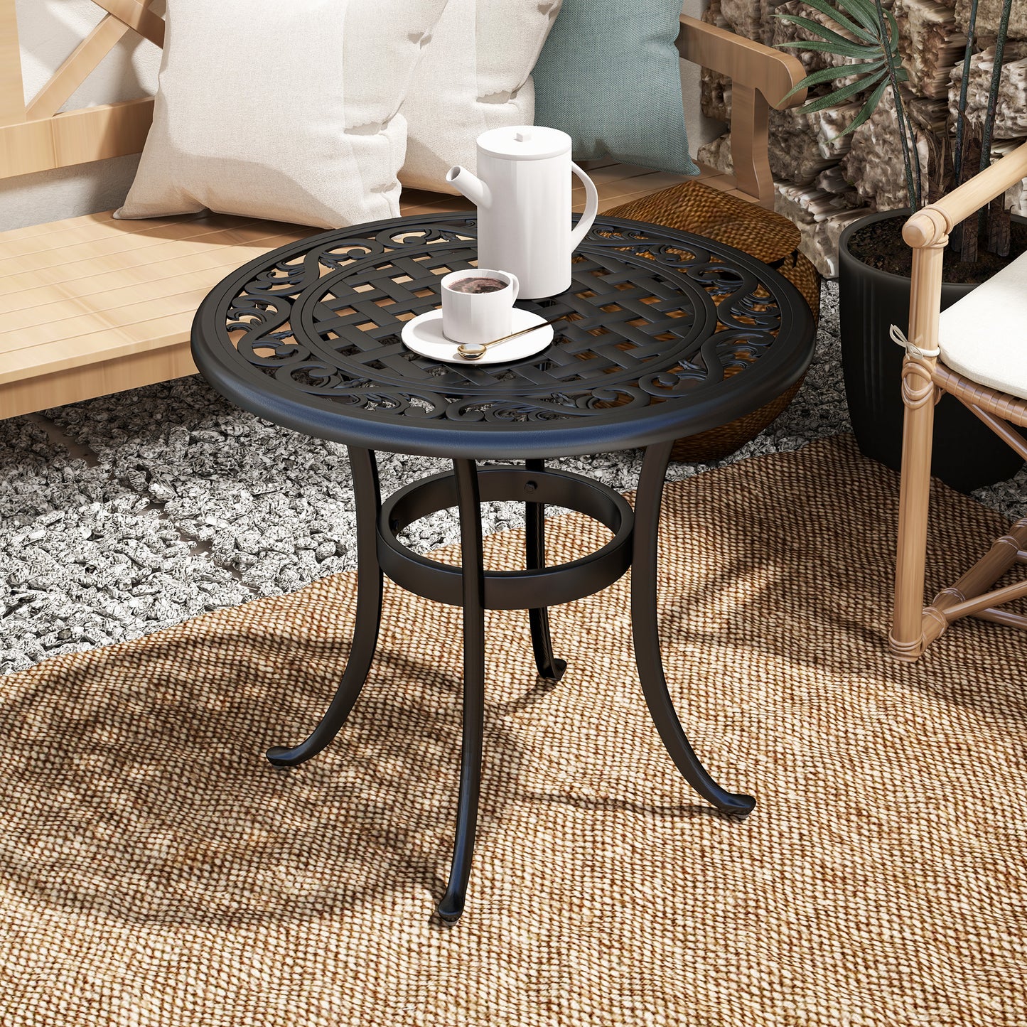 Outsunny Outdoor Garden Table Cast Aluminium Patio End Table With Anti Slip Foot Pads 60 x 60 cm Black