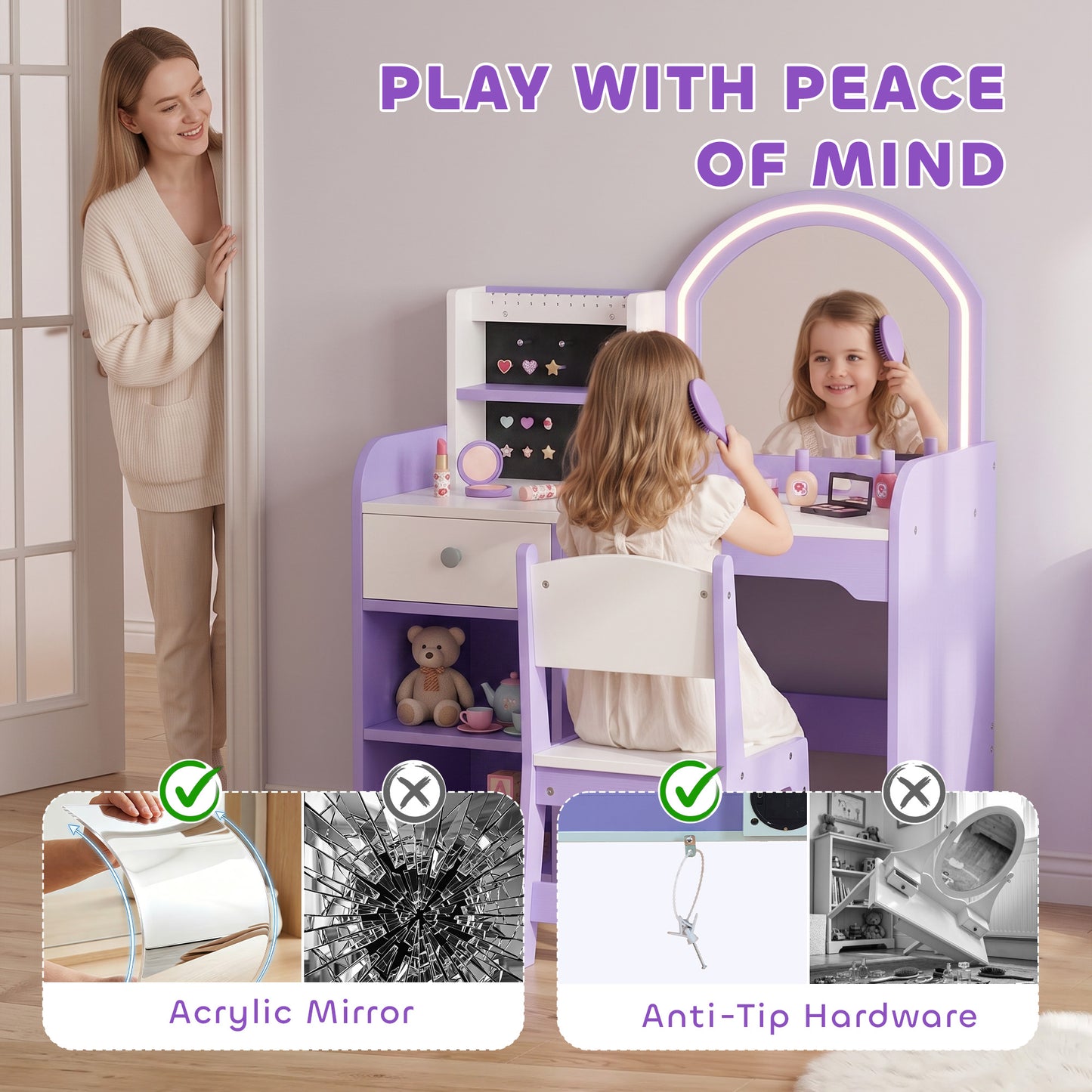 Kids Vanity Set With Light Up Mirror Stool Purple Dressing Table Gift Girls
