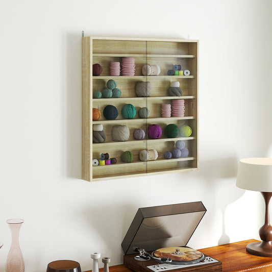 HOMCOM Six Shelf Display Cabinet With Glass Doors Oak Finish For Living Room